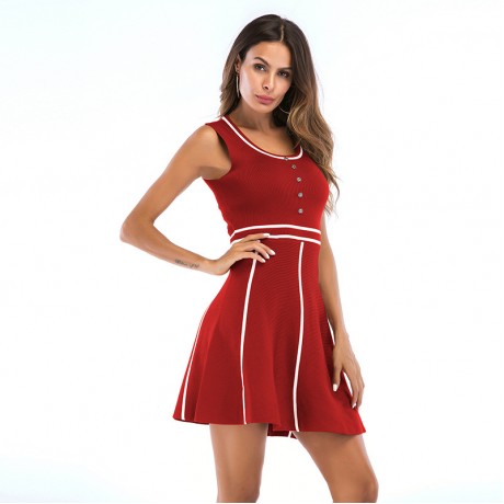 Women's Knit Tank Dress Scroop Neckline Button Down Tunic Swing Sleeveless Colors Dress