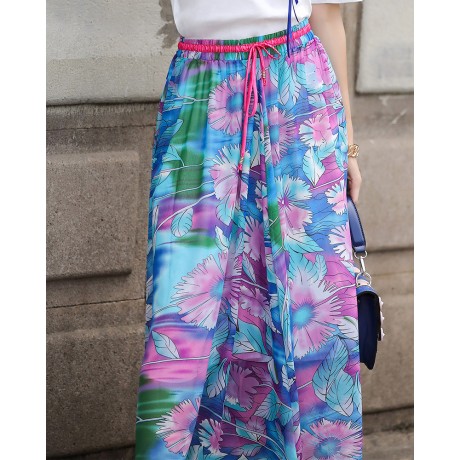 Women's Bohemia Floral Chiffon Skirt Flutter Beach Long Strapless Skirt(M-L)