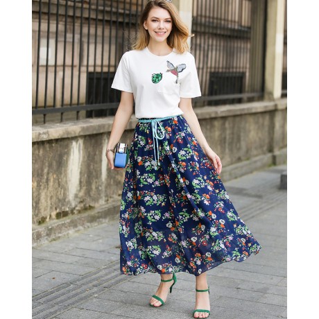 Women's Bohemia Floral Chiffon Skirt Flutter Beach Long Strapless Skirt(M-L)