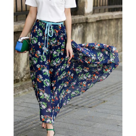 Women's Bohemia Floral Chiffon Skirt Flutter Beach Long Strapless Skirt(M-L)