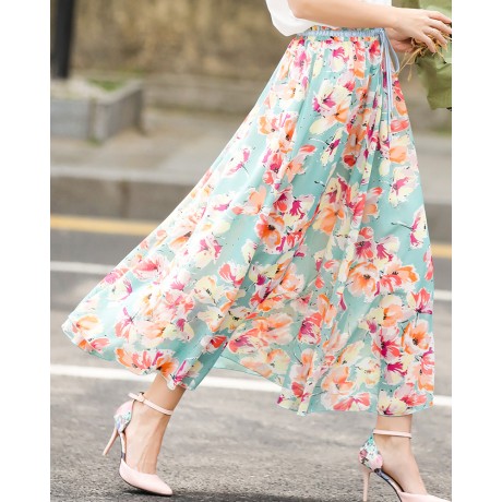 Women's Bohemia Floral Chiffon Skirt Flutter Beach Long Strapless Skirt(M-L)
