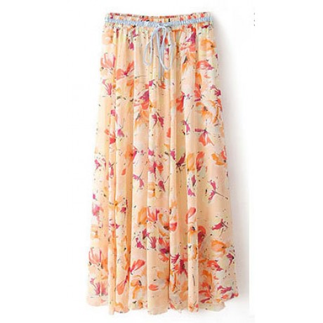 Women's Bohemia Floral Chiffon Skirt Flutter Beach Long Strapless Skirt(M-L)