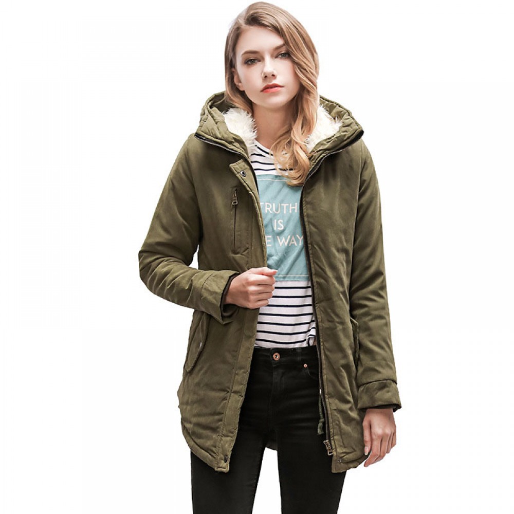Women's Loose Casual Medium Coat Sherpa Hooded Cotton Coat With Pockets(S-XXL)