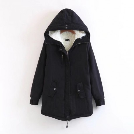 Women's Loose Casual Medium Coat Sherpa Hooded Cotton Coat With Pockets(S-XXL)