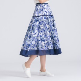 Women's Casual Cotton And Line Printed Skirt National Long Summer Maxi Skirt(Free Size) 