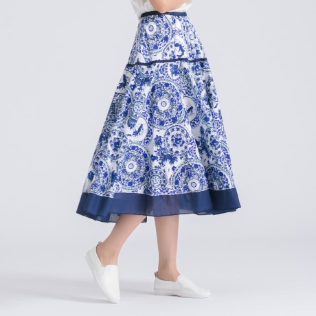 Women's Casual Cotton And Line Printed Skirt National Long Summer Maxi Skirt(Free Size)