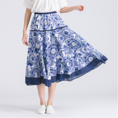 Women's Casual Cotton And Line Printed Skirt National Long Summer Maxi Skirt(Free Size)