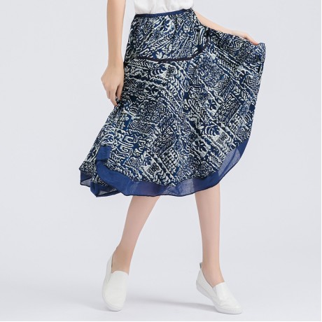 Women's Casual Cotton And Line Printed Skirt National Long Summer Maxi Skirt(Free Size)