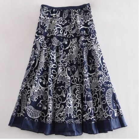 Women's Casual Cotton And Line Printed Skirt National Long Summer Maxi Skirt(Free Size)