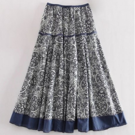 Women's Casual Cotton And Line Printed Skirt National Long Summer Maxi Skirt(Free Size)