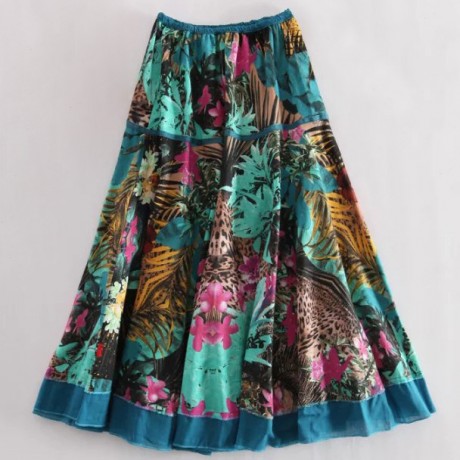 Women's Casual Cotton And Line Printed Skirt National Long Summer Maxi Skirt(Free Size)