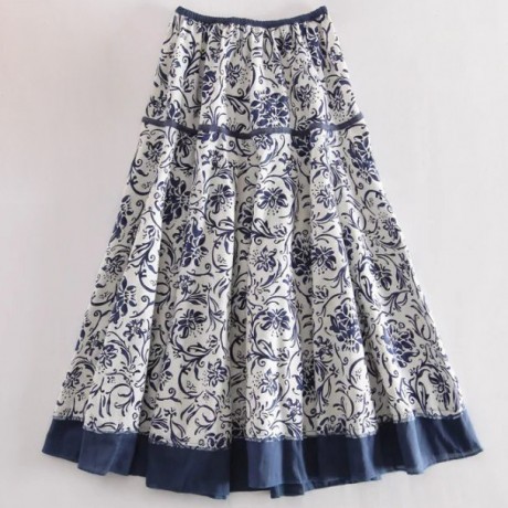 Women's Casual Cotton And Line Printed Skirt National Long Summer Maxi Skirt(Free Size)