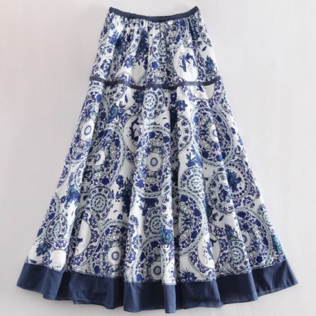 Women's Casual Cotton And Line Printed Skirt National Long Summer Maxi Skirt(Free Size)