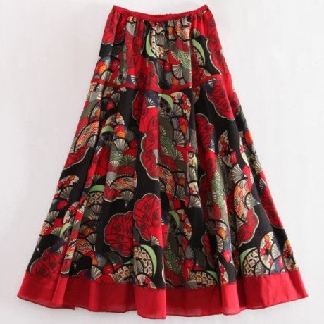 Women's Casual Cotton And Line Printed Skirt National Long Summer Maxi Skirt(Free Size)