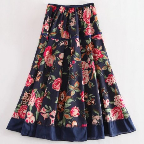 Women's Casual Cotton And Line Printed Skirt National Long Summer Maxi Skirt(Free Size)