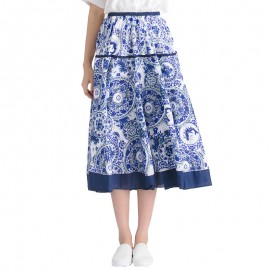 Women's Casual Cotton And Line Printed Skirt National Long Summer Maxi Skirt(Free Size)
