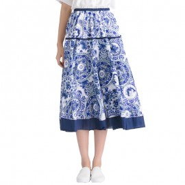Women's Casual Cotton And Line Printed Skirt National Long Summer Maxi Skirt(Free Size) 