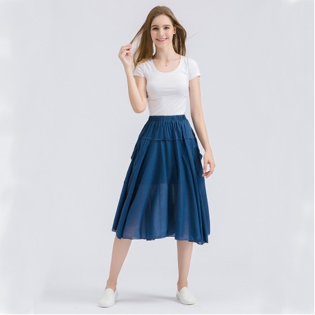Women's Cotton Solid Skirt Pleated Sweet Long Maxi Skirt With Two Pockets(Free Size)