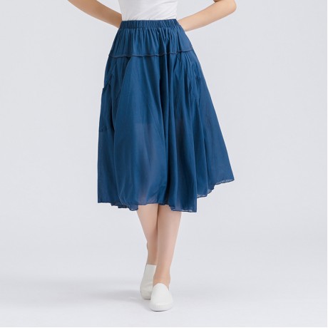 Women's Cotton Solid Skirt Pleated Sweet Long Maxi Skirt With Two Pockets(Free Size)