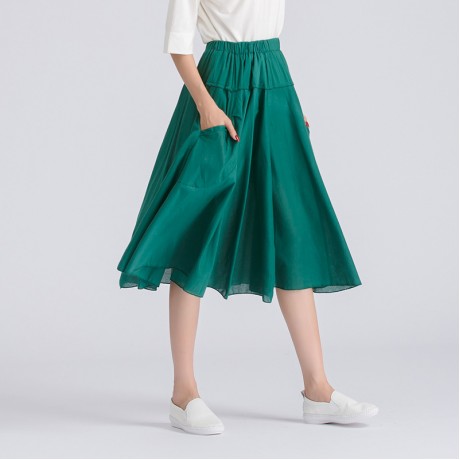 Women's Cotton Solid Skirt Pleated Sweet Long Maxi Skirt With Two Pockets(Free Size)