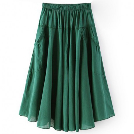 Women's Cotton Solid Skirt Pleated Sweet Long Maxi Skirt With Two Pockets(Free Size)