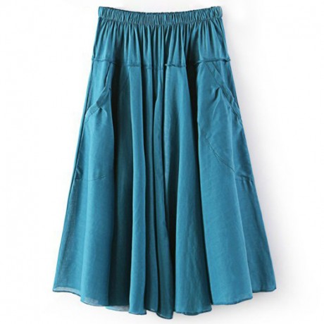 Women's Cotton Solid Skirt Pleated Sweet Long Maxi Skirt With Two Pockets(Free Size)