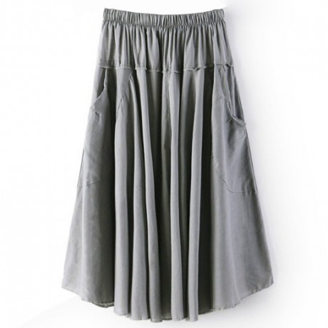 Women's Cotton Solid Skirt Pleated Sweet Long Maxi Skirt With Two Pockets(Free Size)