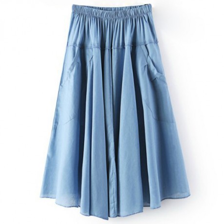 Women's Cotton Solid Skirt Pleated Sweet Long Maxi Skirt With Two Pockets(Free Size)