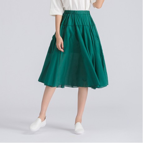 Women's Cotton Solid Skirt Pleated Sweet Long Maxi Skirt With Two Pockets(Free Size)