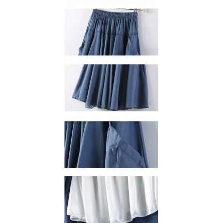 Women's Cotton Solid Skirt Pleated Sweet Long Maxi Skirt With Two Pockets(Free Size)