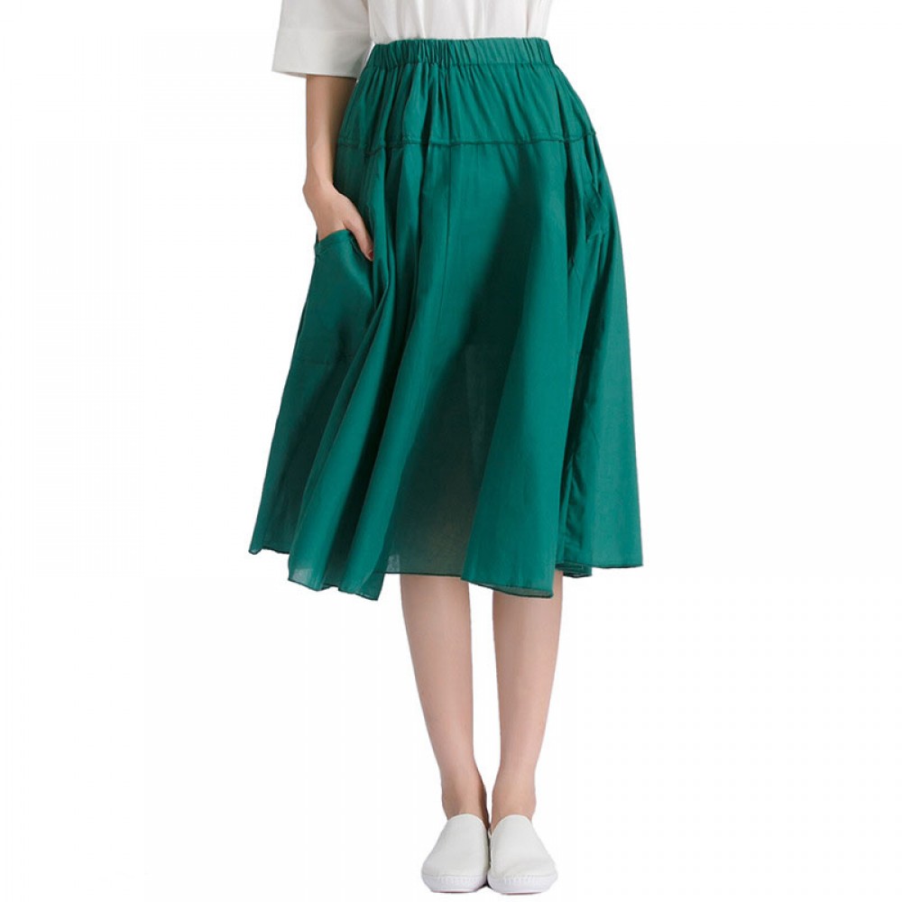 Women's Cotton Solid Skirt Pleated Sweet Long Maxi Skirt With Two Pockets(Free Size)