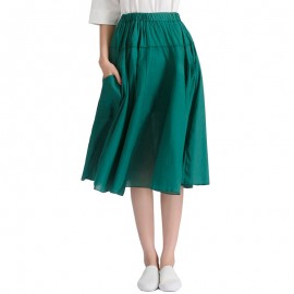Women's Cotton Solid Skirt Pleated Sweet Long Maxi Skirt With Two Pockets(Free Size) 