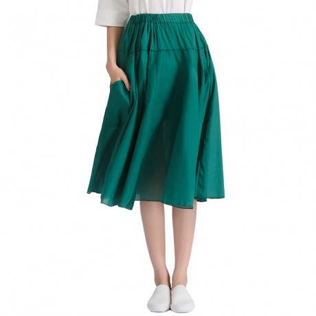 Women's Cotton Solid Skirt Pleated Sweet Long Maxi Skirt With Two Pockets(Free Size)