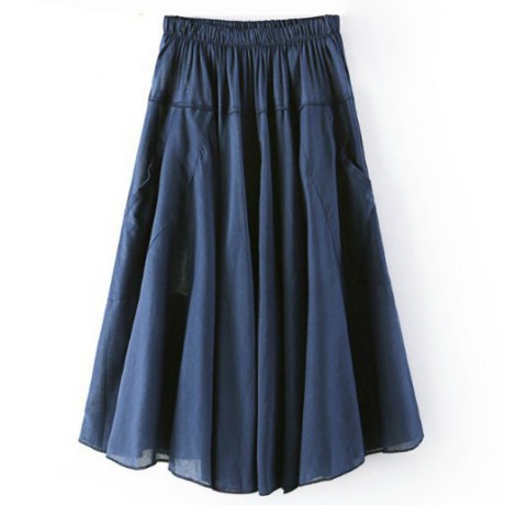 Women's Cotton Solid Skirt Pleated Sweet Long Maxi Skirt With Two Pockets(Free Size)