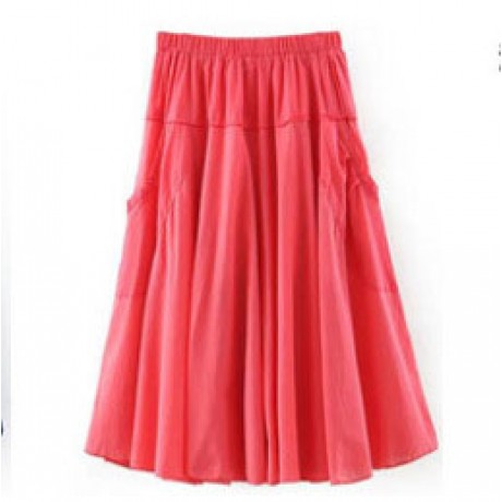 Women's Cotton Solid Skirt Pleated Sweet Long Maxi Skirt With Two Pockets(Free Size)