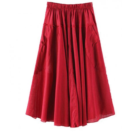 Women's Cotton Solid Skirt Pleated Sweet Long Maxi Skirt With Two Pockets(Free Size)
