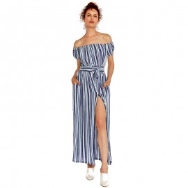 Women's Sexy Off The Shoulder Short Sleeve Dress Bohemian Stripe Print Long Maxi Dresses(S-XL)