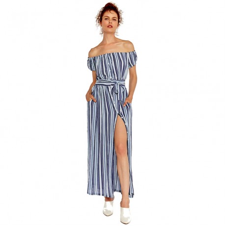Women's Sexy Off The Shoulder Short Sleeve Dress Bohemian Stripe Print Long Maxi Dresses(S-XL)