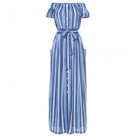 Women's Sexy Off The Shoulder Short Sleeve Dress Bohemian Stripe Print Long Maxi Dresses(S-XL)