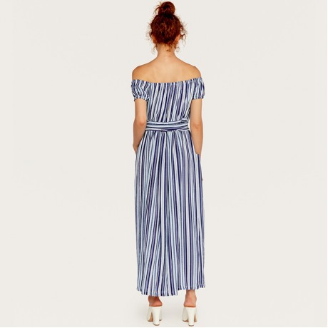 Women's Sexy Off The Shoulder Short Sleeve Dress Bohemian Stripe Print Long Maxi Dresses(S-XL)