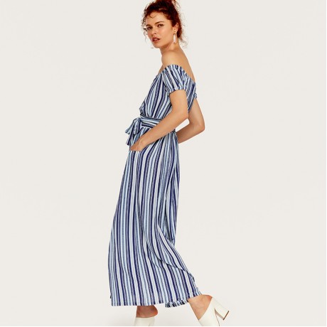 Women's Sexy Off The Shoulder Short Sleeve Dress Bohemian Stripe Print Long Maxi Dresses(S-XL)