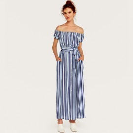 Women's Sexy Off The Shoulder Short Sleeve Dress Bohemian Stripe Print Long Maxi Dresses(S-XL) 