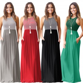 Women's Slim Round Neck Long Dress Sleeveless Stripe Maxi Dresses(S-XXL)