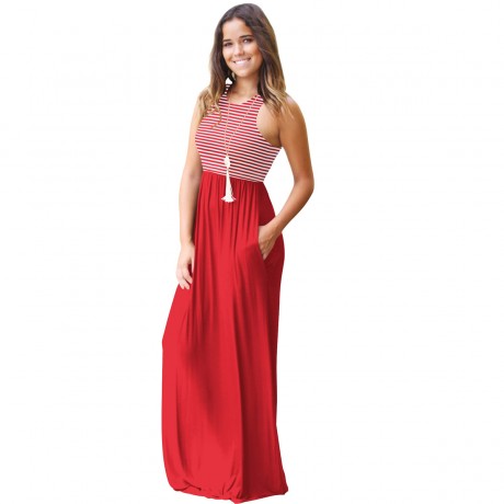 Women's Slim Round Neck Long Dress Sleeveless Stripe Maxi Dresses(S-XXL)