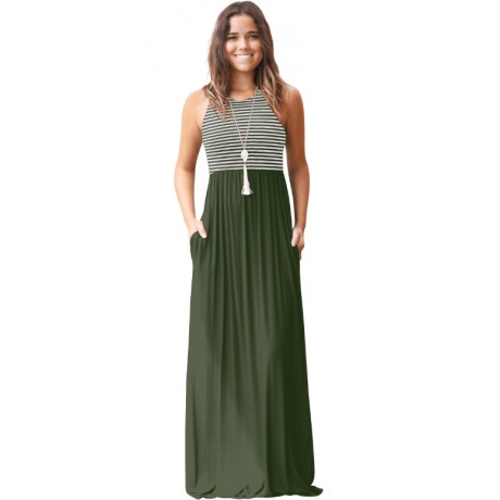 Women's Slim Round Neck Long Dress Sleeveless Stripe Maxi Dresses(S-XXL)