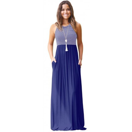 Women's Slim Round Neck Long Dress Sleeveless Stripe Maxi Dresses(S-XXL)