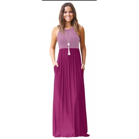 Women's Slim Round Neck Long Dress Sleeveless Stripe Maxi Dresses(S-XXL)