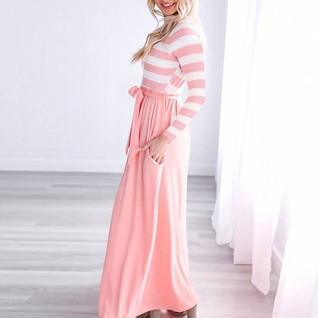 Women's Casual Long Sleeve Dress Scoop Neck Stripe Maxi Dresses With Pockets(S-XXL)