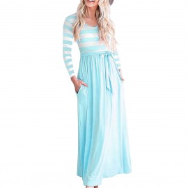 Women's Casual Long Sleeve Dress Scoop Neck Stripe Maxi Dresses With Pockets(S-XXL) 