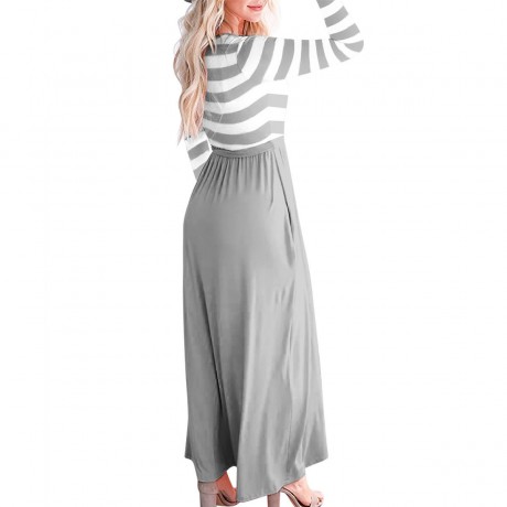 Women's Casual Long Sleeve Dress Scoop Neck Stripe Maxi Dresses With Pockets(S-XXL)